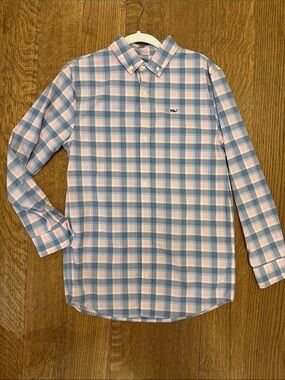 Vineyard Vines Boys performance Button-Down Plaid Shirt in Blue & Pink